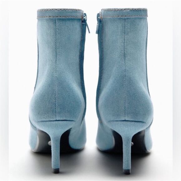 ZARA Denim Blue Pointy Toe Heeled Ankle Booties NWT - Picture 8 of 12
